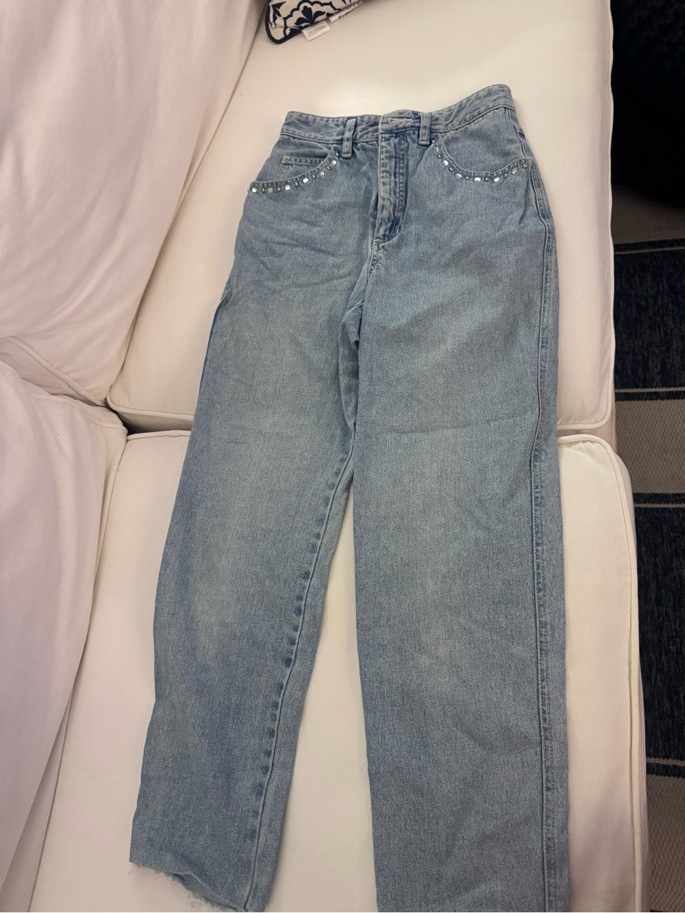 Vintage size 4 Women’s Straight-Leg Light Blue Jeans with Stud Detail